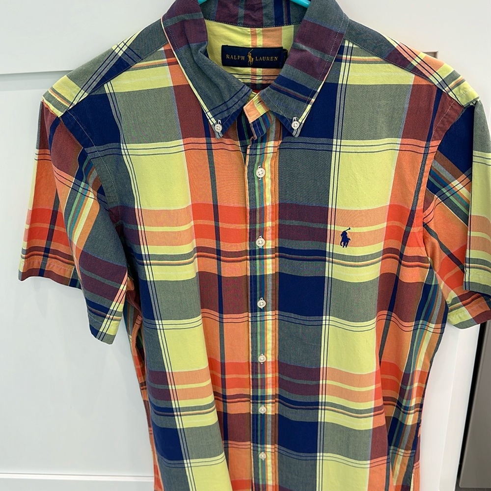 Ralph Lauren men’s button-down shirt, short sleeve, plaid, medium 22” pit - pit.